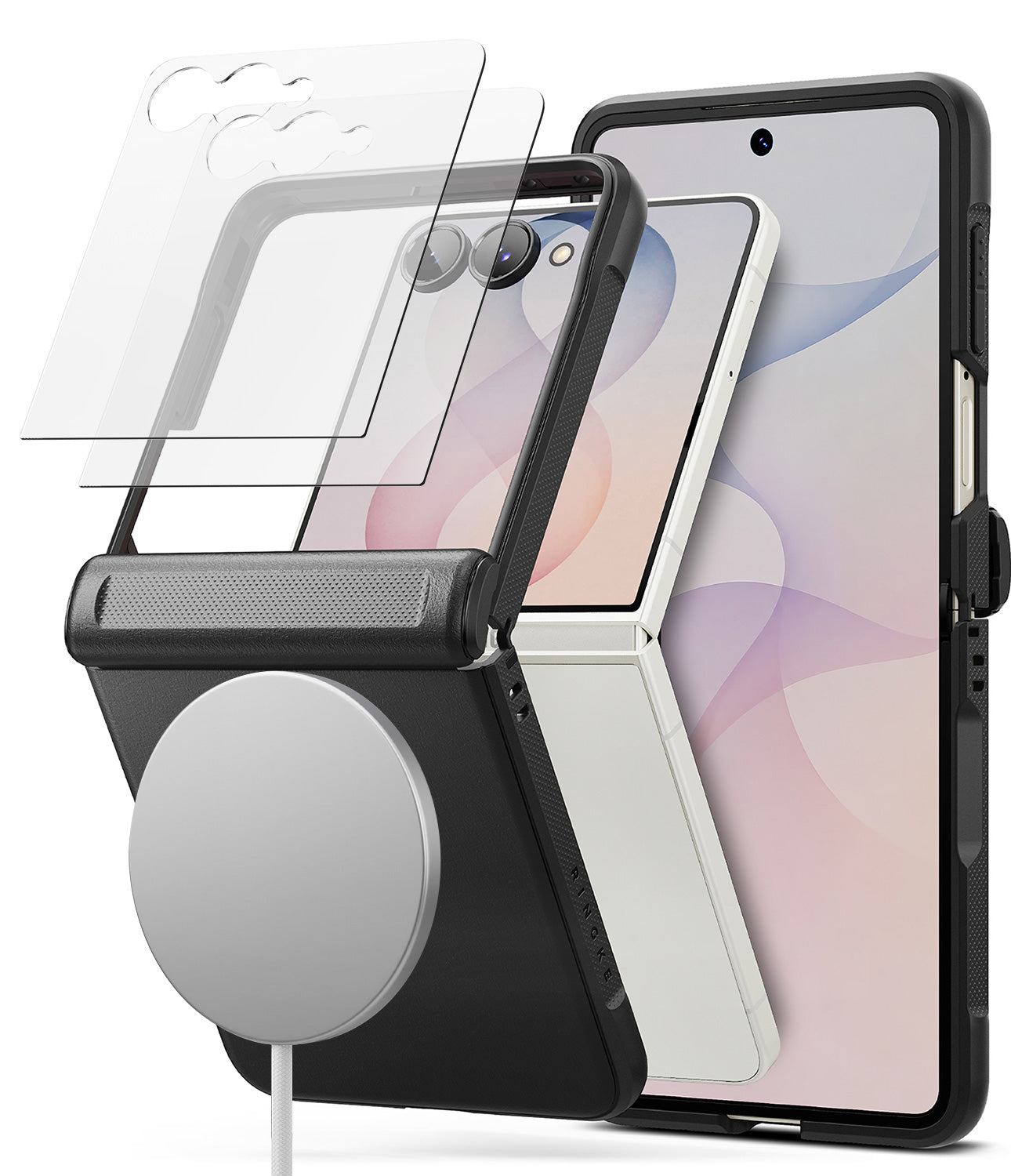 [Bundle] Galaxy Z Flip 8 | Onyx Flap Magnetic + Screen Protectors (2P) - A black protective smartphone case shown with a folded silver-and-white phone inside, alongside two transparent screen protectors and a white charging stand, on a clean white background.