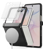 [Bundle] Galaxy Z Flip 8 | Onyx Flap Magnetic + Screen Protectors (2P) - A black protective smartphone case shown with a folded silver-and-white phone inside, alongside two transparent screen protectors and a white charging stand, on a clean white background.