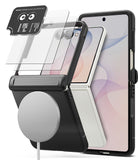 [Bundle] Galaxy Z Flip 8 | Onyx Flap Magnetic + Screen / Camera Protectors (2P) - Black MagSafe-compatible phone case shown with a smartphone inside, plus floating clear screen protectors and a white circular magnetic ring, on a clean white background.