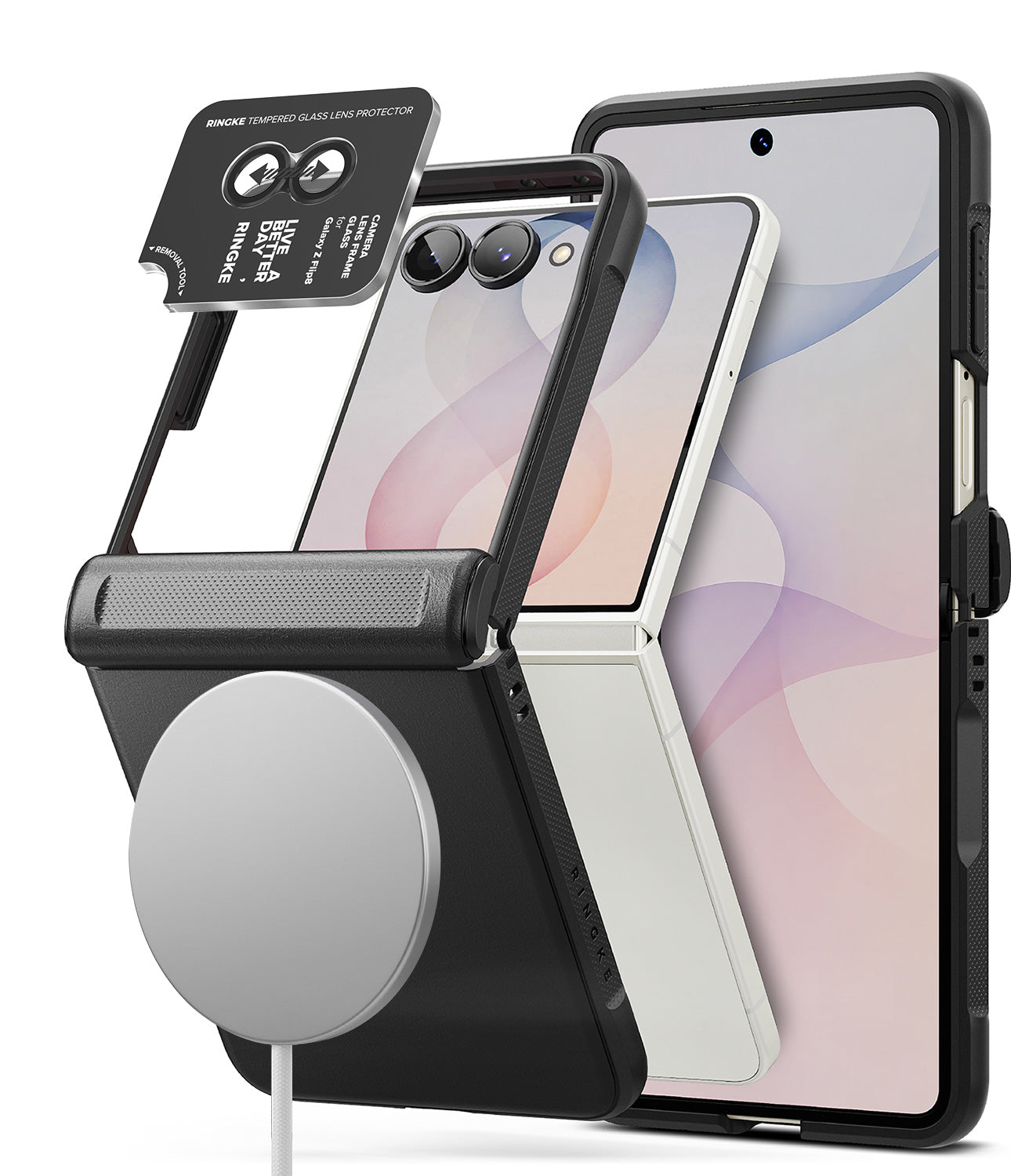 [Bundle] Galaxy Z Flip 8 | Onyx Flap Magnetic + Camera Protectors (2P) - A black MagSafe-compatible phone case with a built-in magnetic stand, shown with a smartphone inserted and a separate magnetic charging pad attachment above it, on a white background.