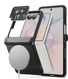 [Bundle] Galaxy Z Flip 8 | Onyx Flap Magnetic + Camera Protectors (2P) - A black MagSafe-compatible phone case with a built-in magnetic stand, shown with a smartphone inserted and a separate magnetic charging pad attachment above it, on a white background.