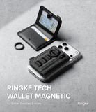 Wallet  | Tech Magnetic - Black Ringke Tech magnetic wallet case shown with a smartphone and a separate ring strap on a textured gray background, with product text at the bottom.