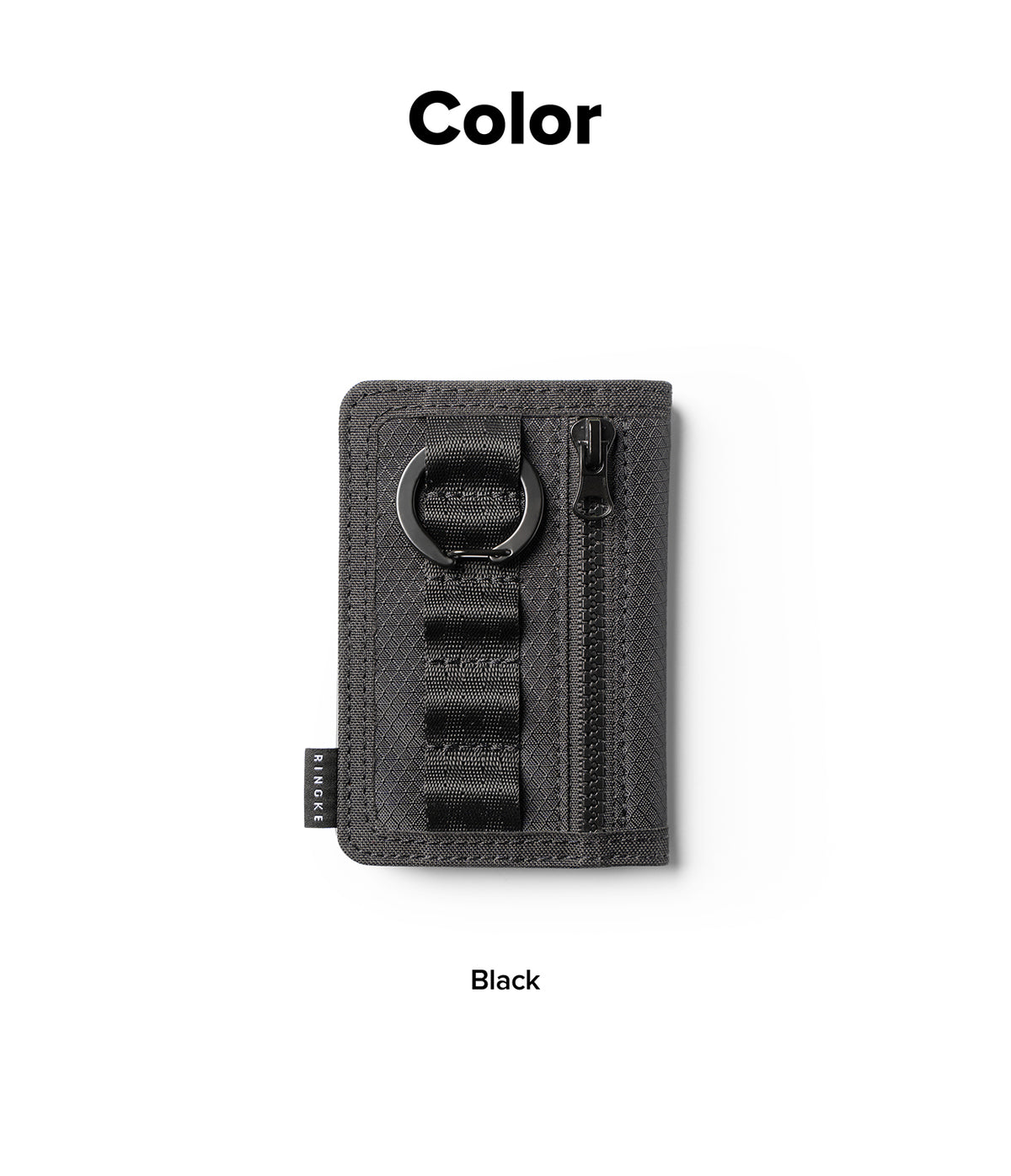 Wallet  | Tech Magnetic - A black textured leather card holder wallet with a zipper, a D-ring, and a vertical strap closure, shown on a white background with 'Color' and 'Black' text labels.