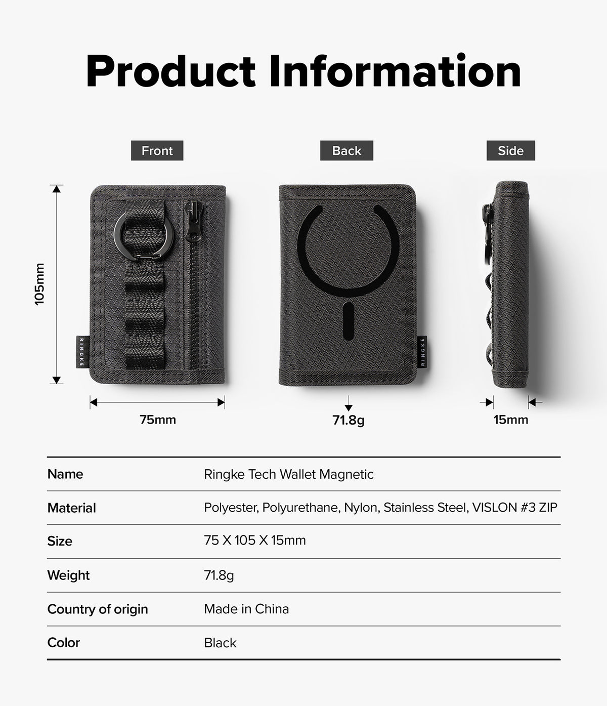 Wallet  | Tech Magnetic - Product information diagram for a black Ringke Tech Wallet Magnetic, showing front, back, and side views with dimensions and a specification table below on a light gray background.