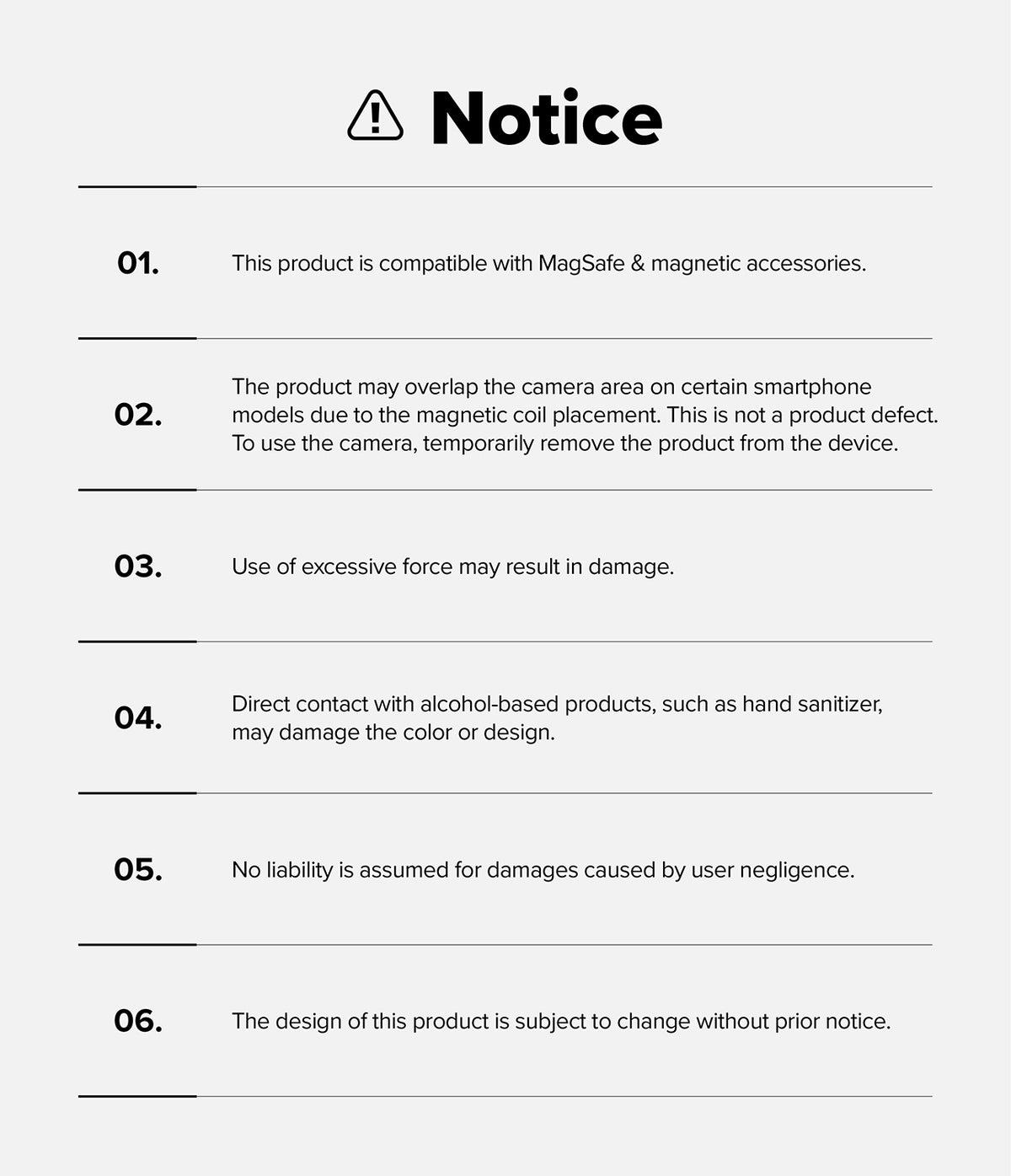 Wallet  | Tech Magnetic - A printed notice sheet with a warning icon and the heading 'Notice' on a light gray background. The sheet lists six bullet points of compatibility and usage information about magnetic accessories and camera overlap.