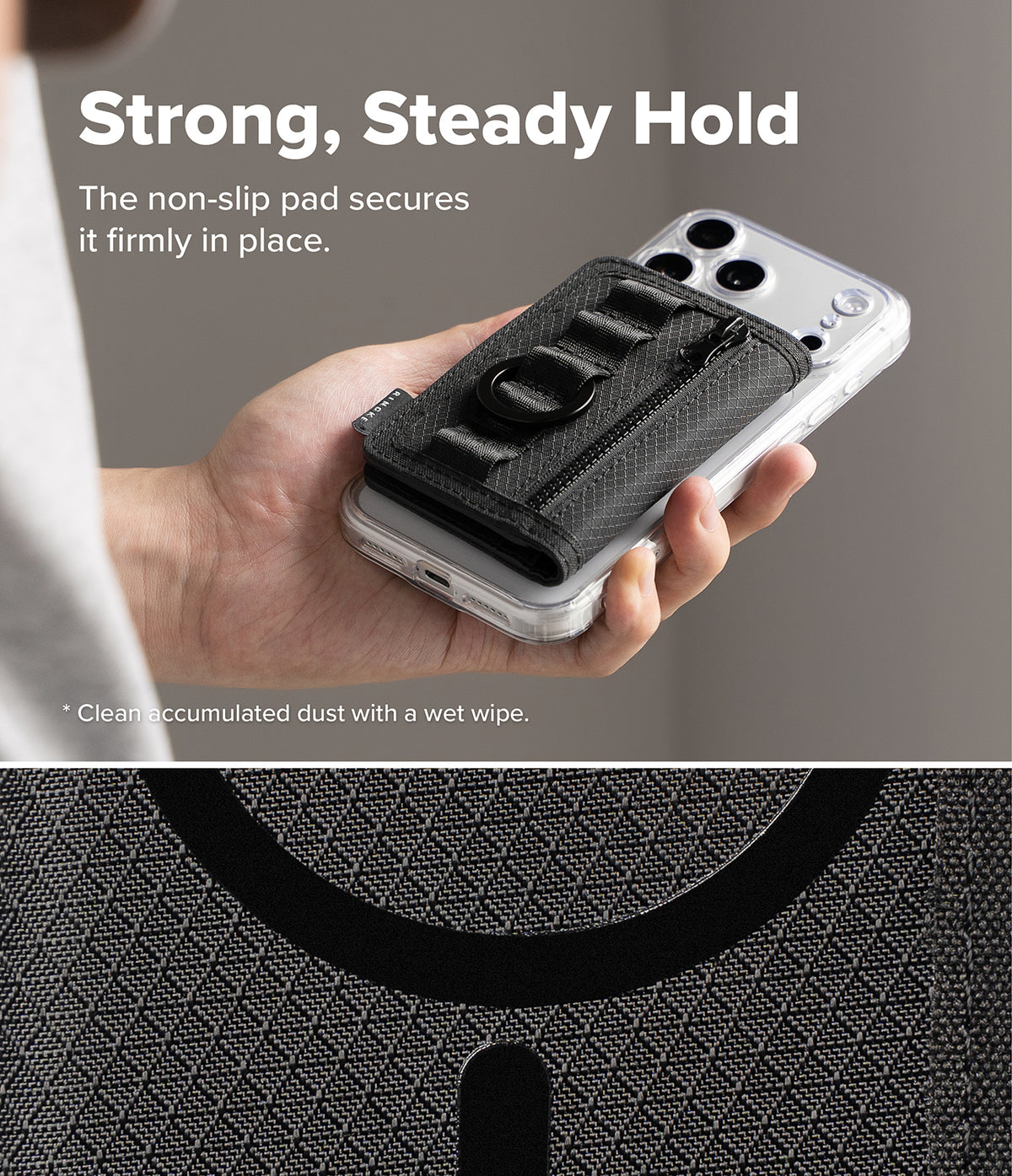 Wallet  | Tech Magnetic - A hand holds a smartphone fitted with a black textured non-slip grip pad on a clear case, with marketing text at the top and a close-up of the pad at the bottom.