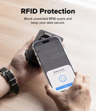 Wallet  | Tech Magnetic - A person holds a smartphone over a dark gray RFID-blocking case on a light wood surface, with text reading 'RFID Protection' and a phone app screen visible.