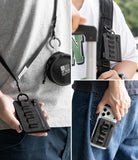 Wallet  | Tech Magnetic - A black tactical-style phone wallet and phone pouch set shown in three lifestyle views on a person: worn around the neck with a round black pouch, tucked into a white shirt, and held in a hand against blue jeans. The product appears to be a compact zippered phone case with a matching strap and pouch.