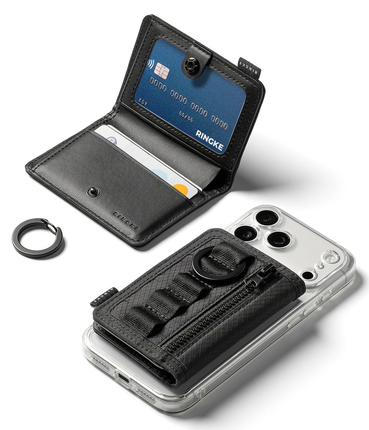 Wallet  | Tech Magnetic - Black Pingo wallet phone case shown open and closed on a white background, with a phone inserted, a keychain ring accessory, and visible card slots and zipper pocket.
