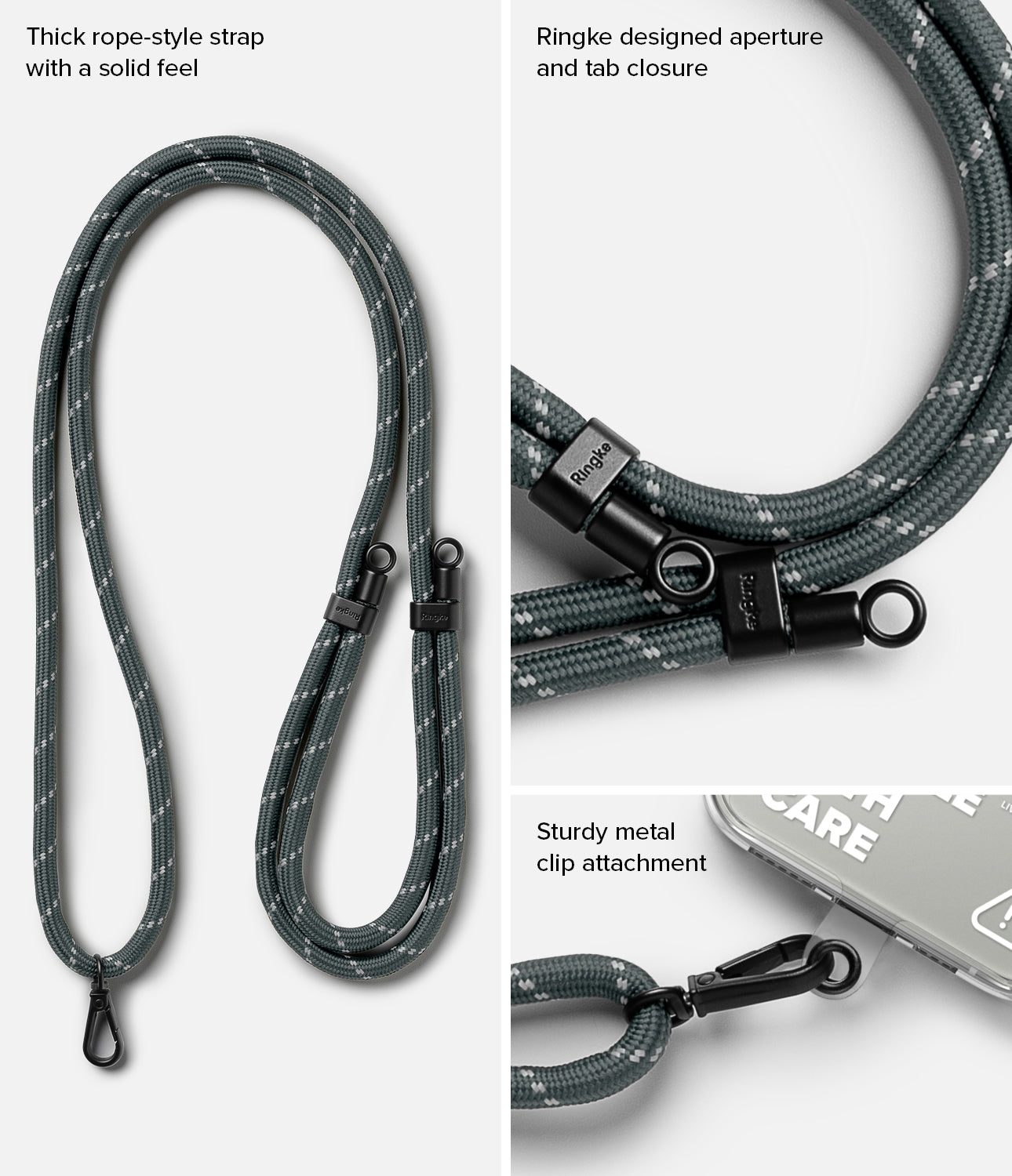 Thick rope-style strap with a solid feel, Rinke designed aperture and tab closure, Sturdy metal clip attachment.