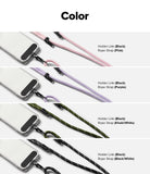 Holder Link Strap | Black - Four phone cases with black holder links attached to pink, purple, khaki, and black rope straps.