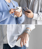 Holder Link Strap | Black - Two people holding phones with black rope straps, and a close-up of a strap wrapped around a wrist.