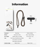 Holder Link Strap | Black - Product packaging, brown rope strap, and black holder link with dimensions and specifications table.