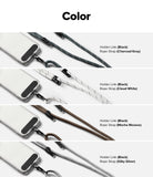 Holder Link Strap | Black - Four phone cases with black holder links attached to charcoal, white, brown, and silver rope straps.