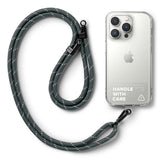 Holder Link Strap | Clear - Three smartphones in clear cases with colorful fabric lanyards attached to black strap holders.