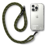 Holder Link Strap | Clear - Three iPhones in clear cases with colorful fabric lanyards attached via black mounting plates.