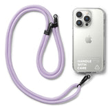 Holder Link Strap | Clear - Three smartphones in clear cases with colorful fabric lanyards attached to black strap holders.