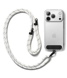 Holder Link Strap | Black - White rope lanyard with black accents attached to a clear smartphone case on a white background.