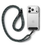 Holder Link Strap | Black - A black woven phone lanyard attached to a clear smartphone case with a black mounting plate.