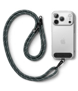 Holder Link Strap | Black - A black woven phone lanyard attached to a clear smartphone case with a black mounting plate.