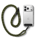 Holder Link Strap | Black - Olive green rope lanyard with white reflective stitching attached to a clear phone case.