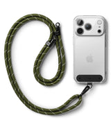 Holder Link Strap | Black - Olive green rope lanyard with white reflective stitching attached to a clear phone case.