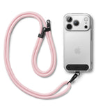 Holder Link Strap | Black - A light pink braided phone lanyard attached to a clear smartphone case with a black mounting tab.