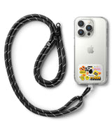 Ringke Strap Holder Link Design - A black and white rope lanyard attached to a clear phone case with colorful stickers.