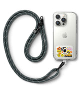 Ringke Strap Holder Link Design - A grey reflective rope lanyard attached to a clear iPhone case decorated with stickers.