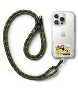 Ringke Strap Holder Link Design - Olive green rope lanyard attached to a clear iPhone case with colorful stickers.