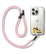 Ringke Strap Holder Link Design - A clear phone case with colorful stickers attached to a long, light pink braided lanyard.