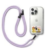 Ringke Strap Holder Link Design - A lavender rope lanyard attached to a clear iPhone case decorated with colorful stickers.