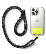 Holder Link Strap | Tarpaulin Neon Green - Black rope lanyard attached to a neon green phone tether tab on a clear case.