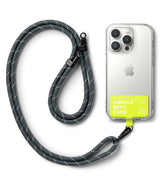 Holder Link Strap | Tarpaulin Neon Green - Grey rope lanyard attached to a clear phone case with a neon green tag.