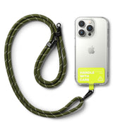 Holder Link Strap | Tarpaulin Neon Green - Olive green rope lanyard attached to a clear phone case with neon green tag.