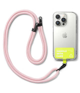 Holder Link Strap | Tarpaulin Neon Green - Light pink rope lanyard attached to a clear phone case with a neon green tag.