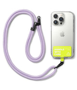 Holder Link Strap | Tarpaulin Neon Green - Lavender rope lanyard attached to a clear phone case with a neon green tag.