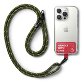 Holder Link Strap | Tarpaulin Red - Olive green rope lanyard attached to a clear phone case with a red Handle With Care tag.