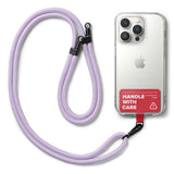 Holder Link Strap | Tarpaulin Red - Lavender rope lanyard attached to a clear phone case with a red Handle With Care tag.