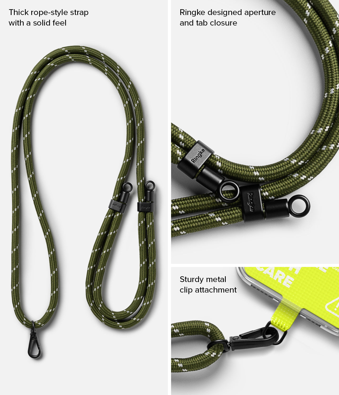 Thick rope-style strap with a solid feel, Ringke designed aperture and tab closure, Sturdy metal slip attachment