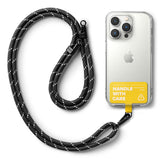 Holder Link Strap | Tarpaulin Yellow - Black rope lanyard attached to a yellow phone tab on a clear iPhone case.
