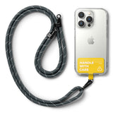 Holder Link Strap | Tarpaulin Yellow - Gray rope lanyard attached to a clear phone case with a yellow Handle With Care tag.