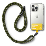 Holder Link Strap | Tarpaulin Yellow - Olive green rope lanyard attached to a clear phone case with a yellow tab.