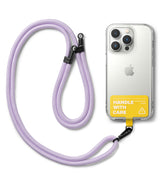 Holder Link Strap | Tarpaulin Yellow - Lavender rope lanyard attached to a clear phone case with a yellow warning label.