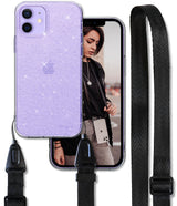 iPhone 12 / 12 Pro Case | Air + Shoulder Strap - Purple glitter phone case with a black adjustable shoulder strap.