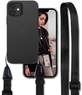 iPhone 12 / 12 Pro Case | Air + Shoulder Strap - Black phone case and adjustable strap with a woman wearing the phone.