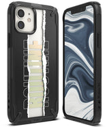 iPhone 12 Mini Case | Fusion-X Design - Black protective phone case with a torn paper graphic and marble screen wallpaper.