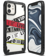 iPhone 12 Mini Case | Fusion-X Design - Rugged black case with a clear back featuring layered ticket-style graphic prints.