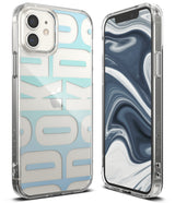 iPhone 12 Mini Case | Fusion Design - Clear phone case with light blue typography pattern and marble screen wallpaper.