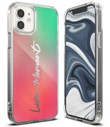 iPhone 12 Mini Case | Fusion Design - Clear phone case with pink-to-green gradient back and Life Moment text.